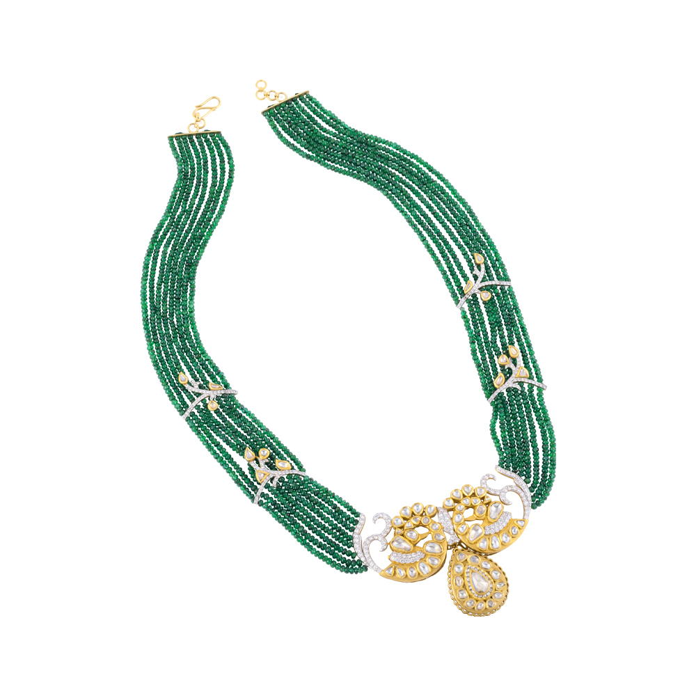 Layered Emerald Bead Necklace with Peacock Polki & Bud Motifs
